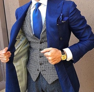 Men's Blue Double Breasted Blazer, White and Black Houndstooth Waistcoat, White Dress Shirt, Charcoal Dress Pants