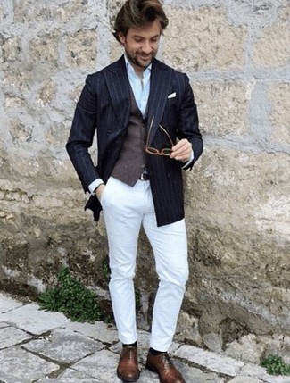 Blue Vertical Striped Blazer Outfits For Men: The combo of a blue vertical striped blazer and white chinos makes this a really put together look. For a truly modern on and off-duty mix, introduce brown leather oxford shoes to the mix.