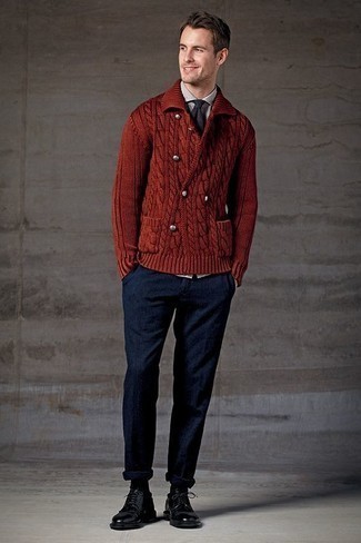 Red Cardigan Outfits For Men: No matter where you find yourself over the course of the day, you can always rely on this casual combination of a red cardigan and navy chinos. Amp up this ensemble by rounding off with black leather derby shoes.