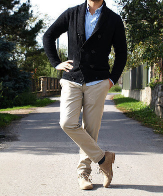 Tan Suede Brogues Outfits: Dress in a black double breasted cardigan and beige chinos to create an interesting and modern-looking laid-back outfit. A pair of tan suede brogues effortlessly kicks up the wow factor of this getup.