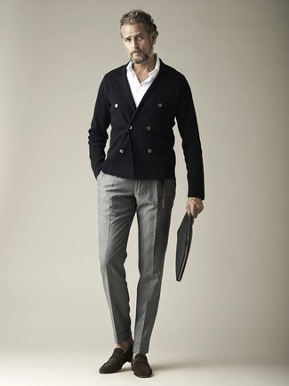Men's Black Double Breasted Cardigan, White Polo, Grey Dress Pants, Dark Brown Suede Loafers