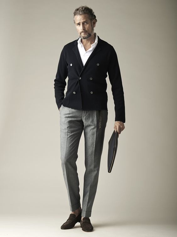 Men's Black Double Breasted Cardigan, White Polo, Grey Dress Pants