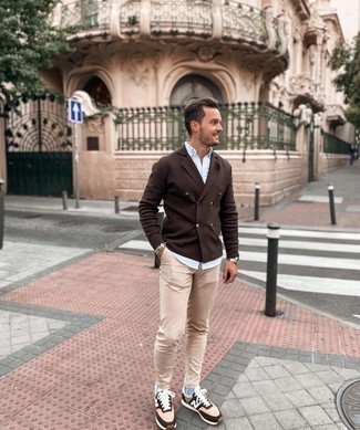 Men's Dark Brown Double Breasted Cardigan, Light Blue Short Sleeve Shirt, Beige Chinos, Tan Athletic Shoes