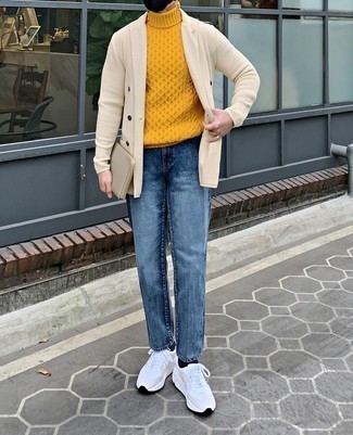 Mustard Knit Turtleneck Outfits For Men: A mustard knit turtleneck and blue jeans are absolute menswear essentials that will integrate well within your casual styling repertoire. For a more laid-back touch, introduce a pair of white athletic shoes to your ensemble.