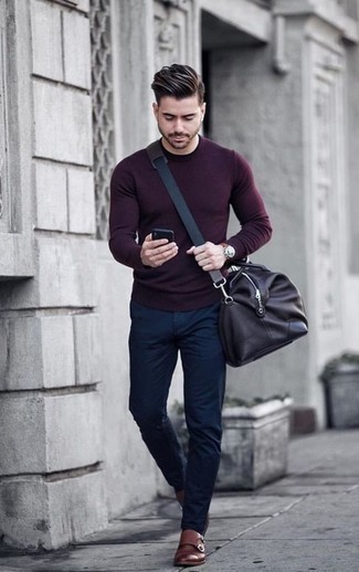 Men's Black Leather Duffle Bag, Brown Leather Double Monks, Navy Chinos, Dark Purple Crew-neck Sweater
