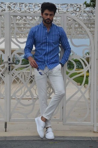 Men's Blue Sunglasses, White Leather Double Monks, White Chinos, Blue Vertical Striped Long Sleeve Shirt
