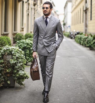 Men's Brown Leather Briefcase, Black Leather Double Monks, White Dress Shirt, Grey Vertical Striped Suit