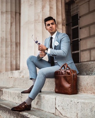 Men's Brown Leather Briefcase, Dark Brown Leather Double Monks, White Dress Shirt, Light Blue Suit