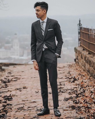 Charcoal Plaid Suit with Black Leather Double Monks Outfits: 