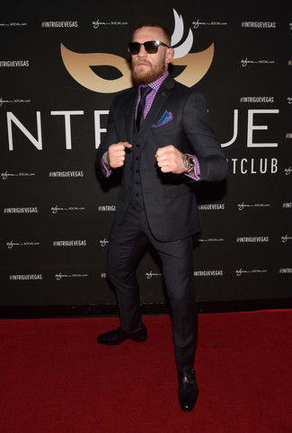 Conor McGregor wearing Black Tie, Black Leather Double Monks, Purple Check Dress Shirt, Black Three Piece Suit