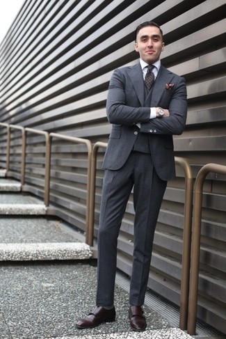 Charcoal Wool Three Piece Suit Outfits: 