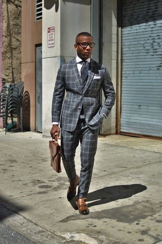 Charcoal Check Three Piece Suit Outfits: 