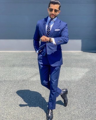 Blue Check Three Piece Suit Outfits: 