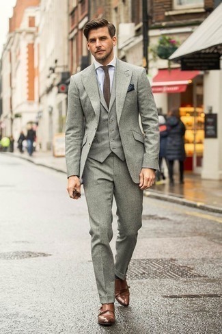 Grey Three Piece Suit with Brown Leather Double Monks Outfits: 