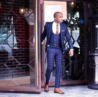 Navy Check Three Piece Suit Outfits: 