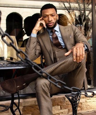 Brown Check Three Piece Suit Outfits: 