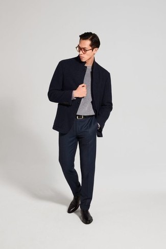 Navy Wool Blazer Outfits For Men: 