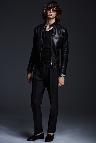 Men's Black Leather Loafers, Black Dress Pants, Black Crew-neck Sweater, Black Leather Bomber Jacket