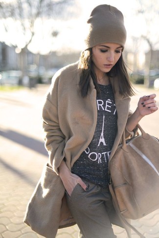 Charcoal Print Crew-neck Sweater Outfits For Women: 