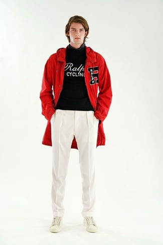 Men's White Leather Low Top Sneakers, White Dress Pants, Black and White Print Crew-neck Sweater, Red Fishtail Parka