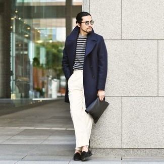 Men's Black Suede Loafers, White Dress Pants, Grey Horizontal Striped Crew-neck Sweater, Navy Overcoat