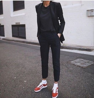 Women's Red Suede Low Top Sneakers, Black Dress Pants, Black Crew-neck T-shirt, Black Blazer