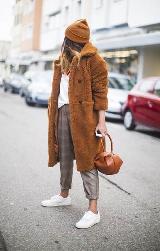 Women's White Leather Low Top Sneakers, Brown Plaid Dress Pants, White and Red Print Crew-neck T-shirt, Tobacco Fur Coat
