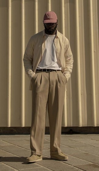 Men's Beige Suede Desert Boots, Khaki Dress Pants, White Crew-neck T-shirt, Beige Long Sleeve Shirt