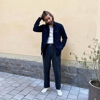 Navy Wool Dress Pants Outfits For Men: 