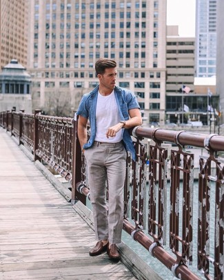 Men's Brown Leather Loafers, Grey Linen Dress Pants, White Crew-neck T-shirt, Blue Chambray Short Sleeve Shirt