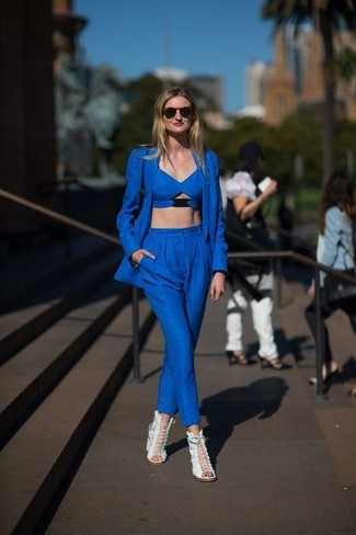 Blue Blazer with Blue Dress Pants Outfits For Women: 