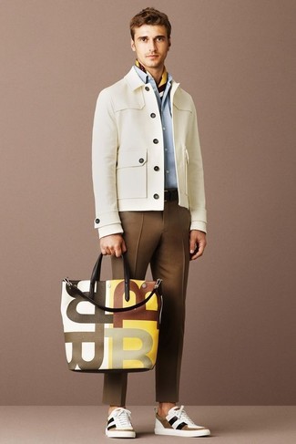 Yellow Print Silk Scarf Spring Outfits For Men: 