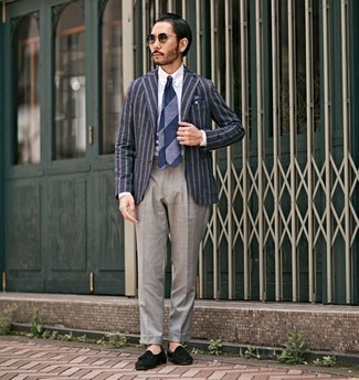 Navy Vertical Striped Blazer with Black Suede Tassel Loafers Outfits: 