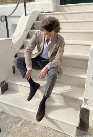 Men's Dark Brown Suede Loafers, Charcoal Dress Pants, White and Blue Vertical Striped Dress Shirt, Tan Plaid Blazer
