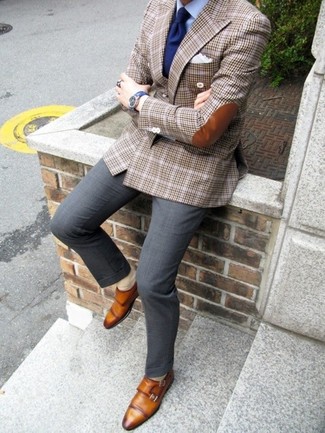 Dark Brown Plaid Blazer Outfits For Men: 