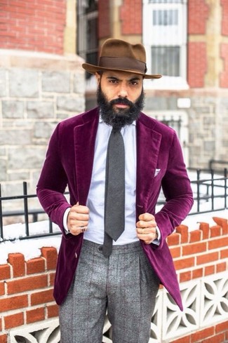 Men's Brown Hat, Grey Plaid Wool Dress Pants, Light Blue Dress Shirt, Purple Velvet Blazer