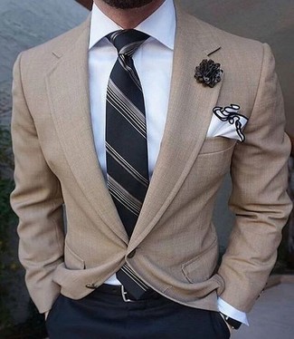 Black and White Vertical Striped Tie Outfits For Men: 