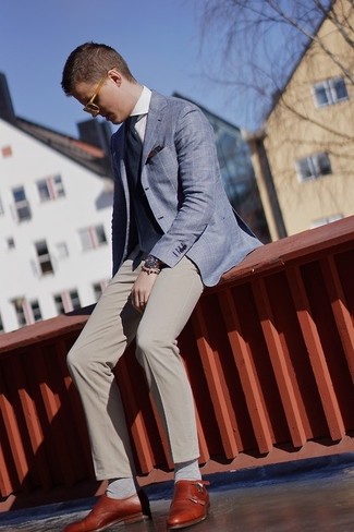 Blue Plaid Blazer Outfits For Men: 