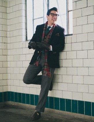 Green and Red Plaid Scarf Outfits For Men: 