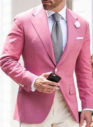 Men's Grey Tie, Beige Dress Pants, White Dress Shirt, Pink Blazer