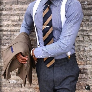 Navy Vertical Striped Tie Outfits For Men: 