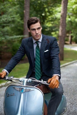 Teal Vertical Striped Tie Outfits For Men: 