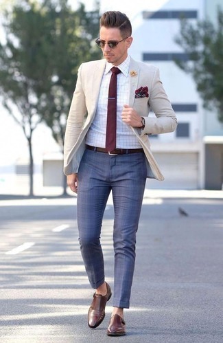 Blue Check Dress Pants Outfits For Men: 