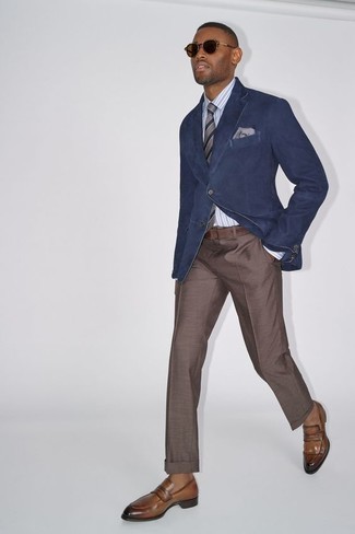 Navy Suede Blazer Outfits For Men: 