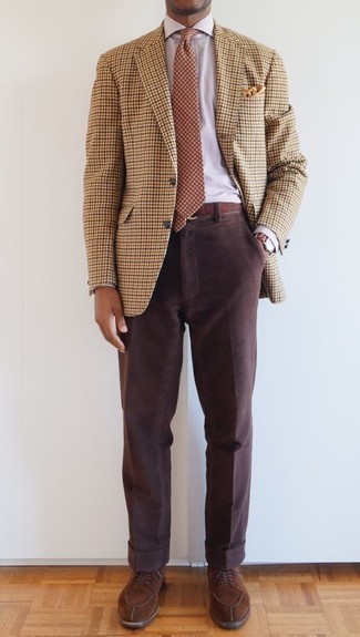 Men's Brown Suede Derby Shoes, Dark Brown Dress Pants, White and Red Vertical Striped Dress Shirt, Tan Houndstooth Blazer