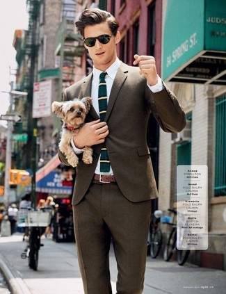 Dark Green Horizontal Striped Wool Tie Outfits For Men In Their 30s: 