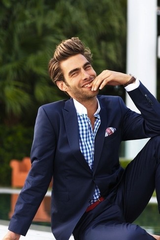White and Navy Gingham Dress Shirt Outfits For Men: 