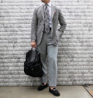 Grey Print Tie Outfits For Men: 