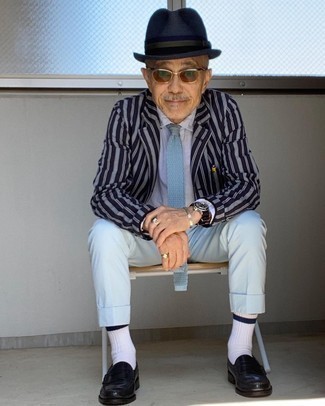 Navy Vertical Striped Blazer Outfits For Men After 60: 