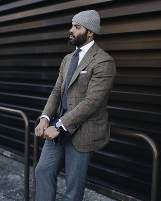 Olive Plaid Blazer Outfits For Men: 